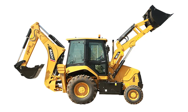 Backhoe loader front bucket and rear excavation attachment