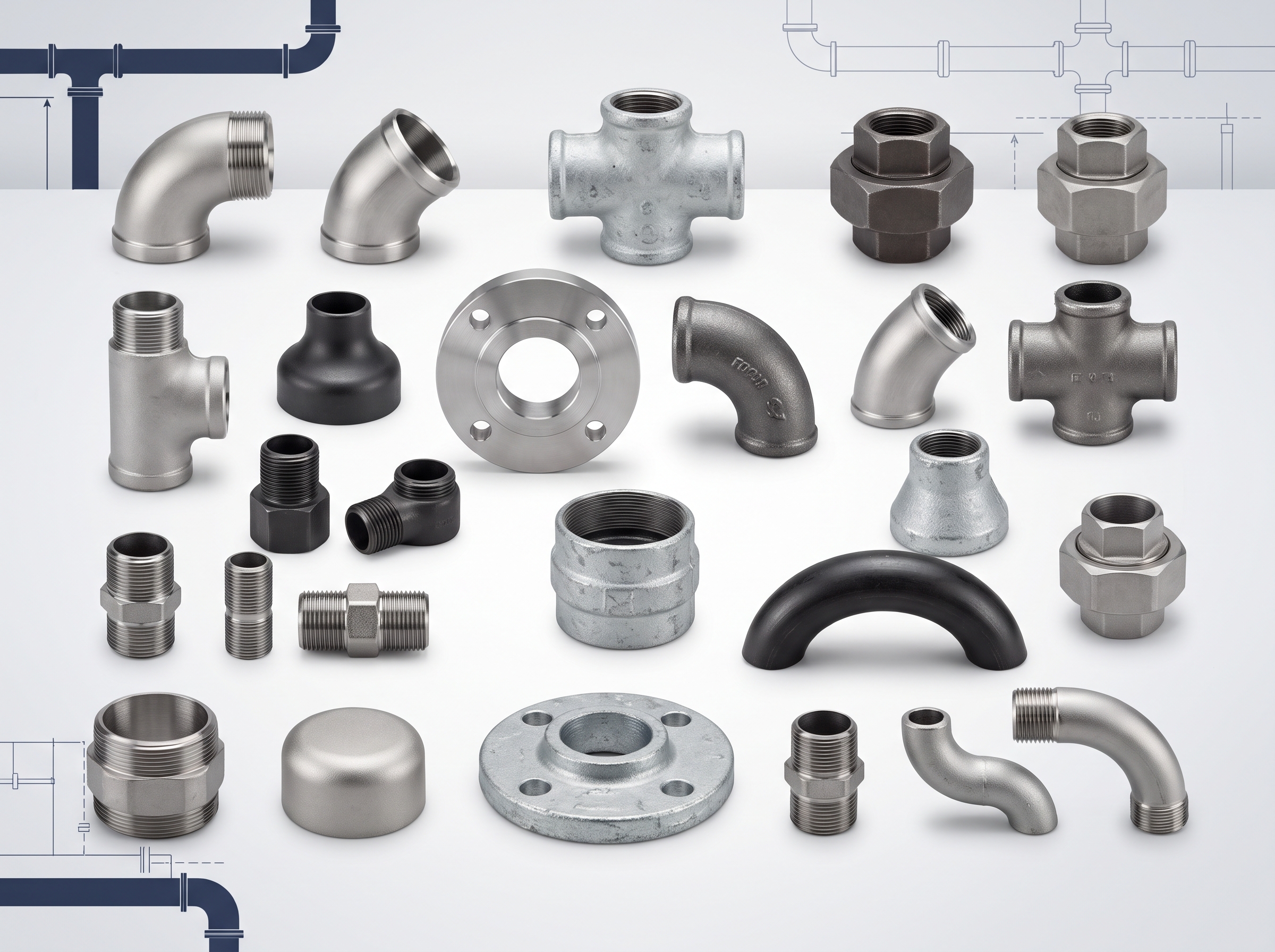 Industrial pipe fittings including elbows tees reducers flanges and couplings